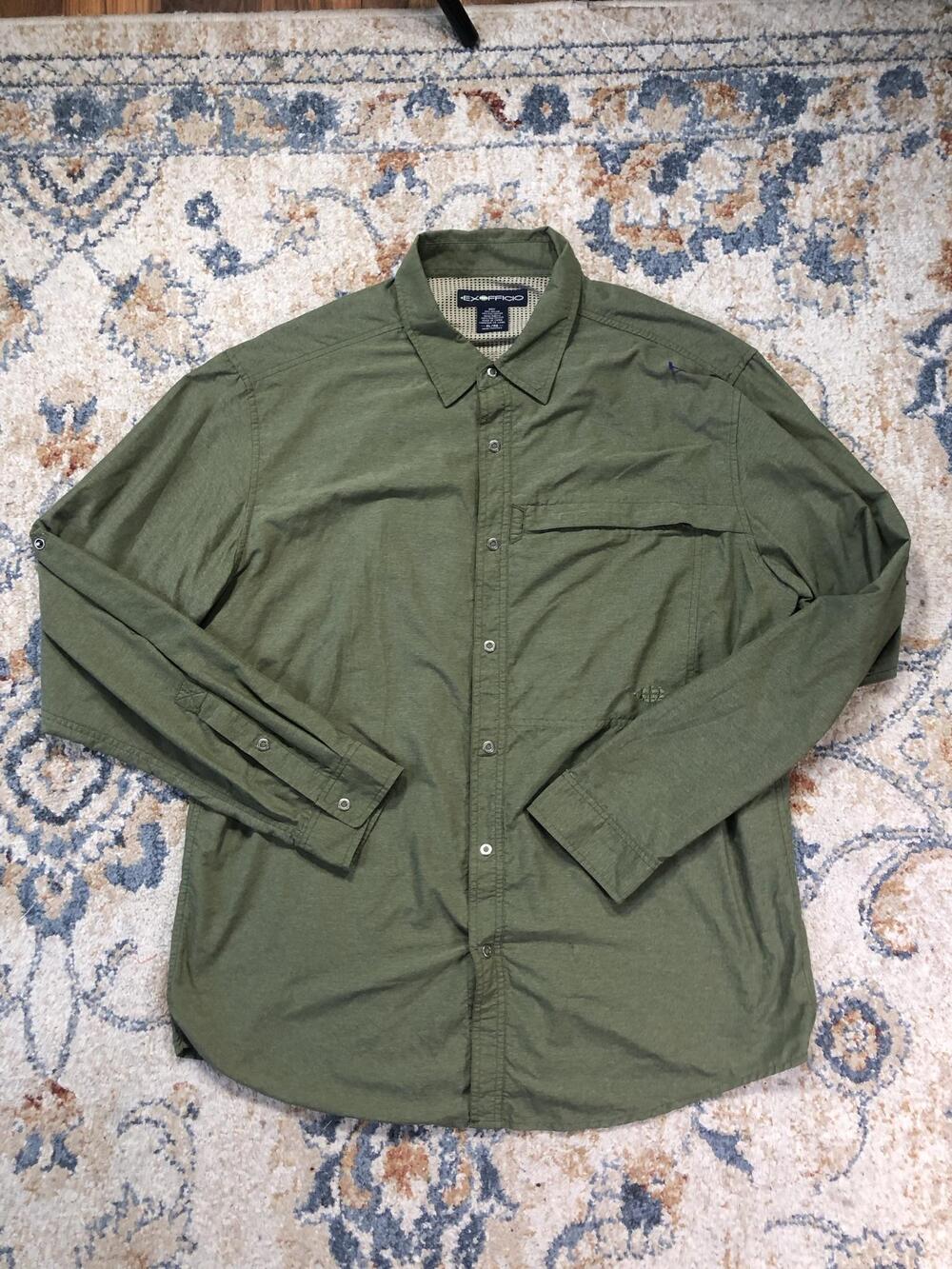 ExOfficio Shirt Mens XL Green Solid Long Sleeve Button Up Vented Travel Outdoor